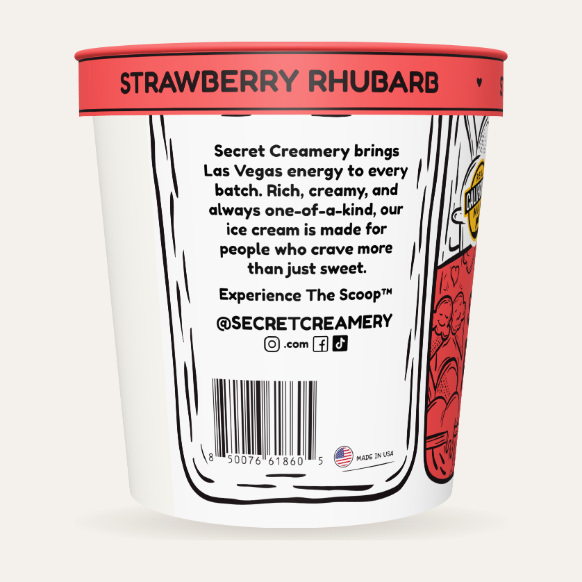 Secret Creamery Strawberry Rhubarb — Probiotic 16 oz pint — 4-strain probiotic ice cream — story side