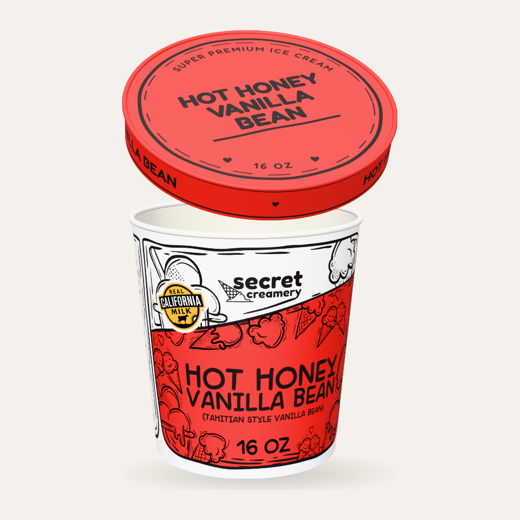 Secret Creamery Hot Honey Vanilla Bean 16 oz pint — super premium ice cream — lid off