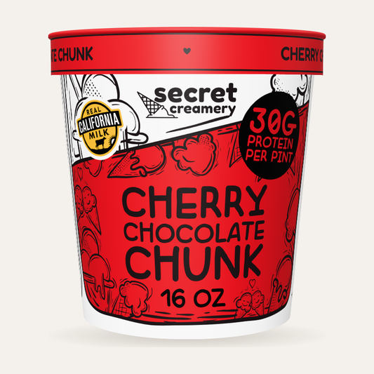 Secret Creamery Cherry Chocolate Chunk — High Protein 16 oz pint — high protein ice cream (30g protein) — front