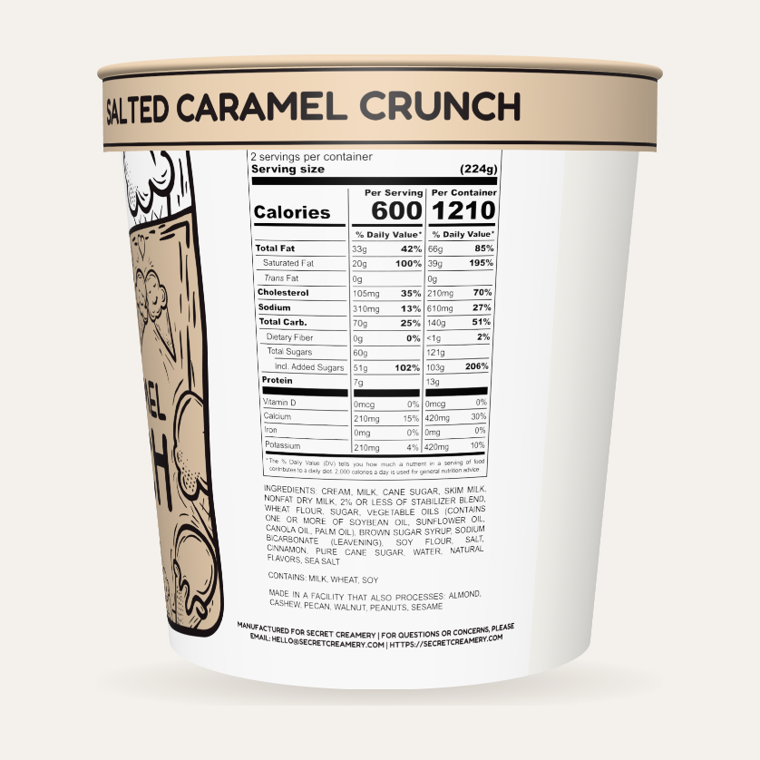 Secret Creamery Salted Caramel Crunch 16 oz pint — super premium ice cream — nutrition facts