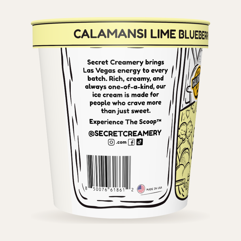 Secret Creamery Calamansi Lime Blueberry — Probiotic 16 oz pint — 4-strain probiotic ice cream — story side