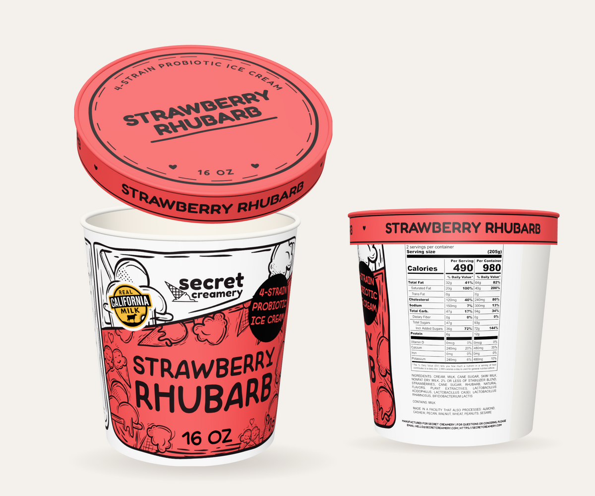 Secret Creamery Strawberry Rhubarb — Probiotic 16 oz pint — 4-strain probiotic ice cream — multi-view