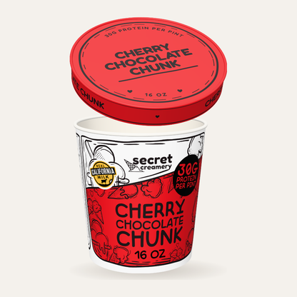 Secret Creamery Cherry Chocolate Chunk — High Protein 16 oz pint — high protein ice cream (30g protein) — lid off