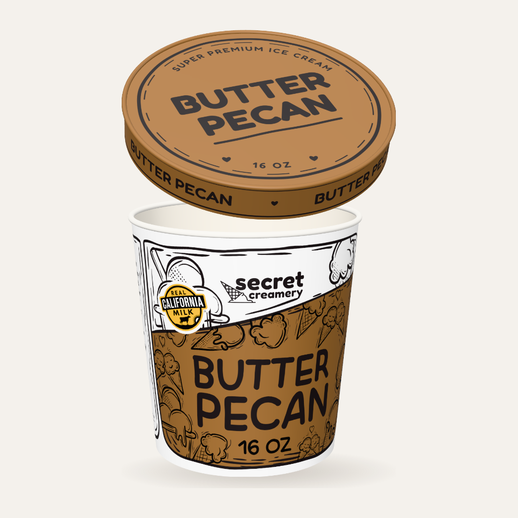 Secret Creamery Butter Pecan 16 oz pint — super premium ice cream — lid off