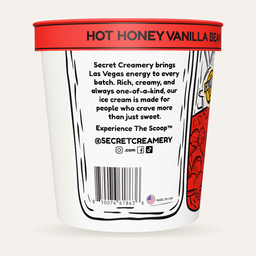 Secret Creamery Hot Honey Vanilla Bean 16 oz pint — super premium ice cream — story side