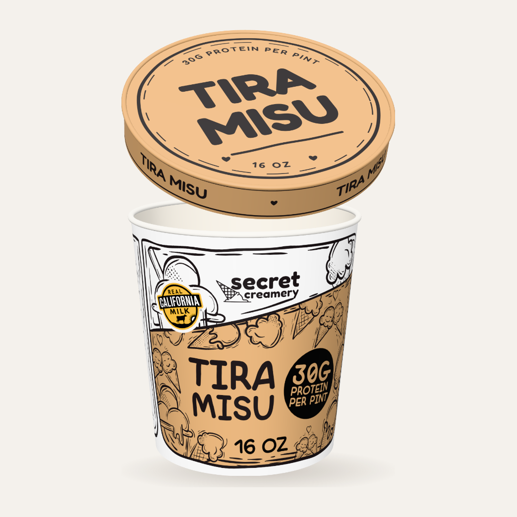 Secret Creamery Tiramisu — High Protein 16 oz pint — high protein ice cream (30g protein) — lid off