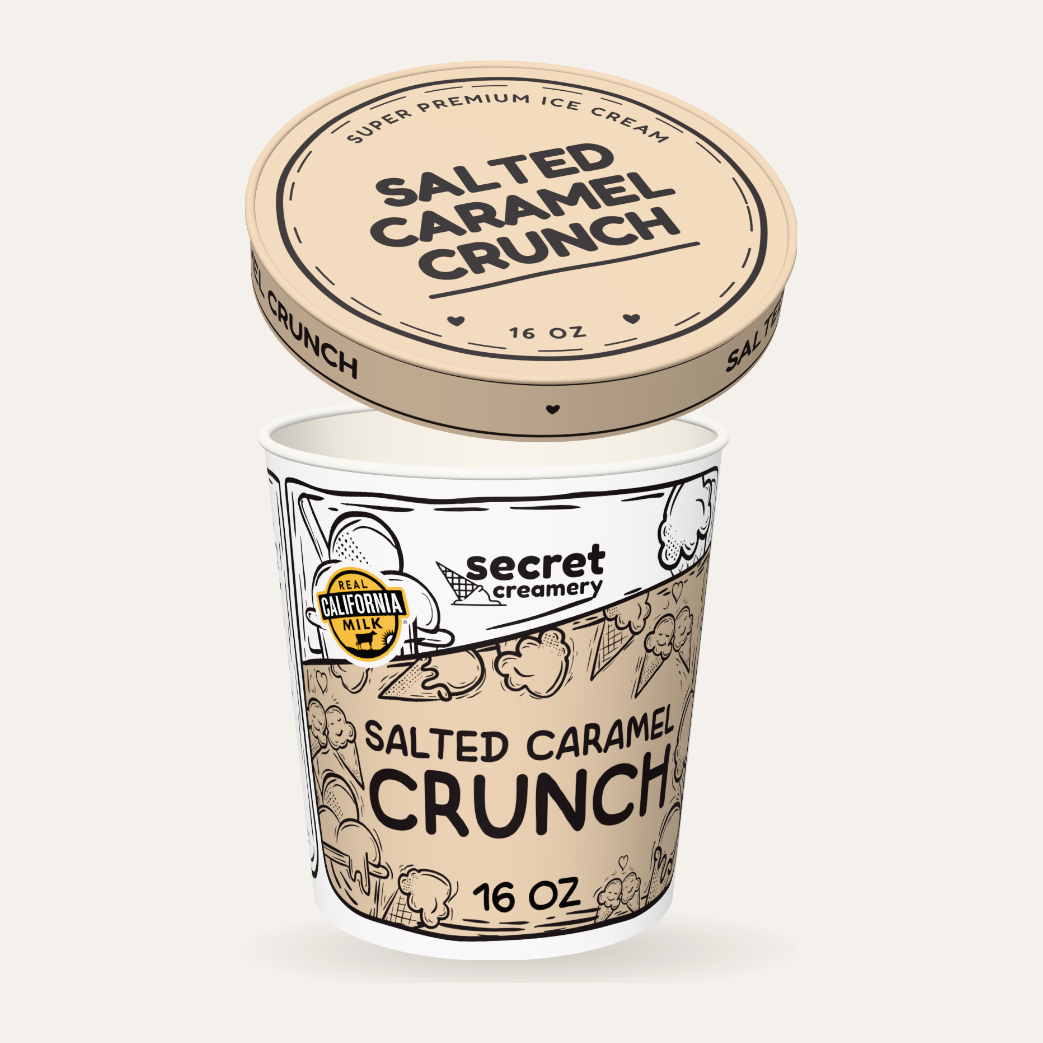 Secret Creamery Salted Caramel Crunch 16 oz pint — super premium ice cream — lid off