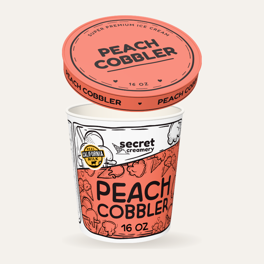 Secret Creamery Peach Cobbler 16 oz pint — super premium ice cream — lid off