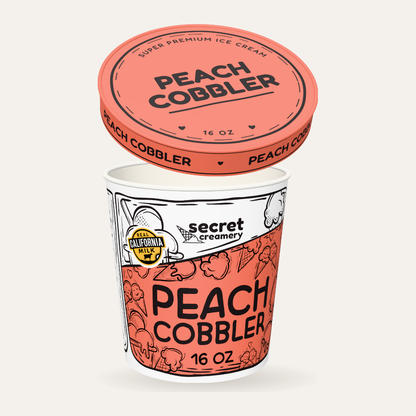 Secret Creamery Peach Cobbler 16 oz pint — super premium ice cream — lid off