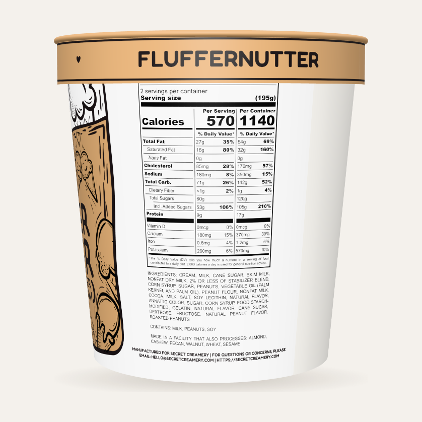 Secret Creamery Fluffernutter 16 oz pint — super premium ice cream — nutrition facts