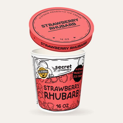 Secret Creamery Strawberry Rhubarb — Probiotic 16 oz pint — 4-strain probiotic ice cream — lid off