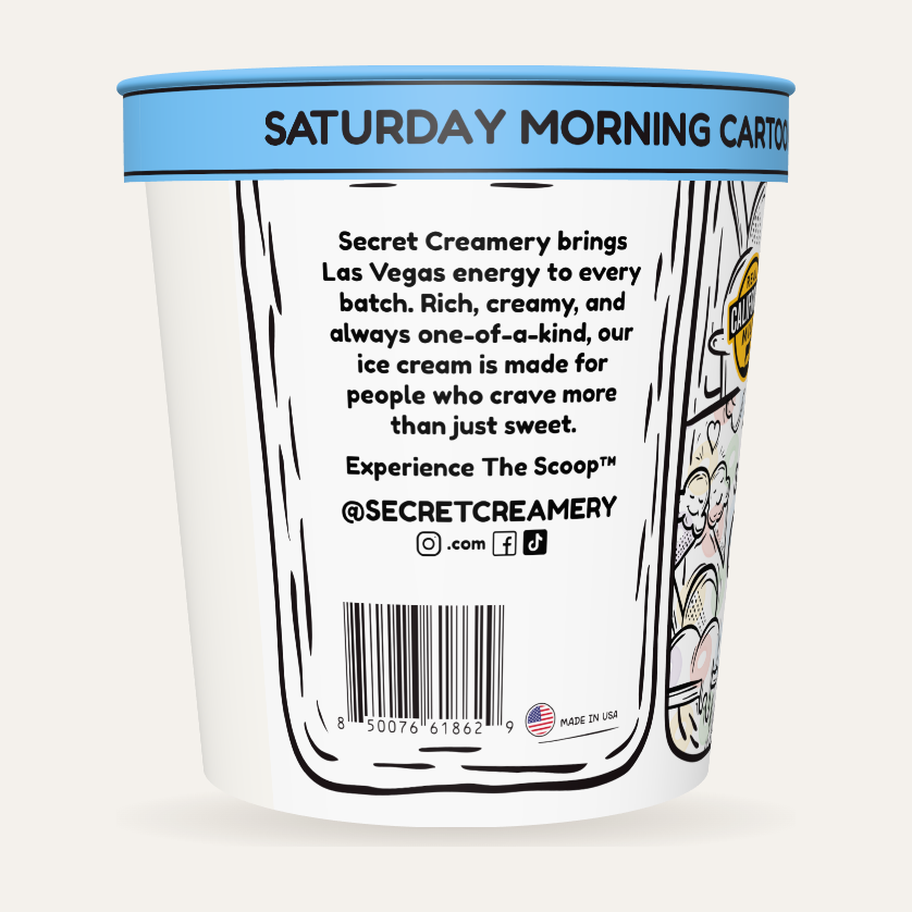 Secret Creamery Saturday Morning Cartoon (Cereal Milk) 16 oz pint — super premium ice cream — story side