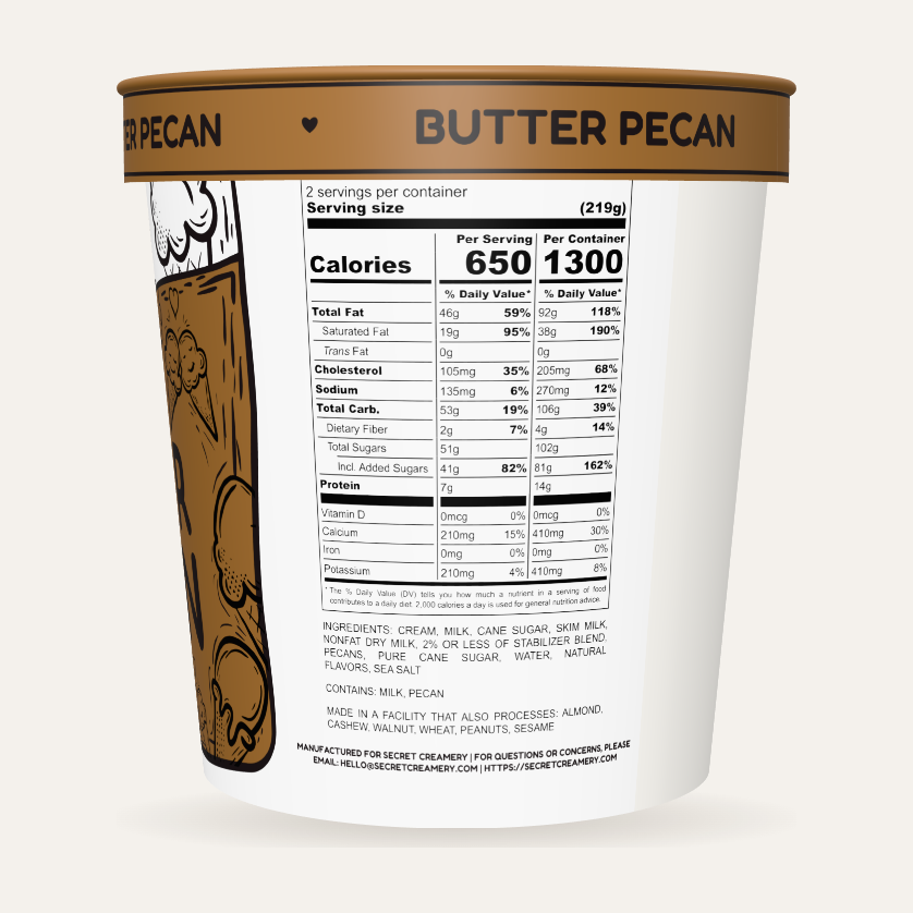 Secret Creamery Butter Pecan 16 oz pint — super premium ice cream — nutrition facts