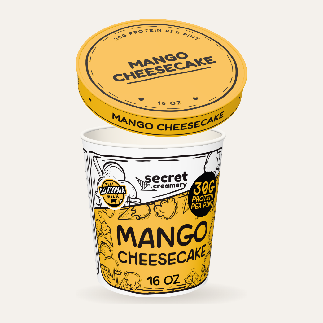 Secret Creamery Mango Cheesecake — High Protein 16 oz pint — high protein ice cream (30g protein) — lid off